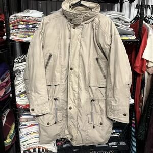 Vintage 1980s Foxrun Beige Quilted Lining Down Parka Hooded Jacket Size Medium